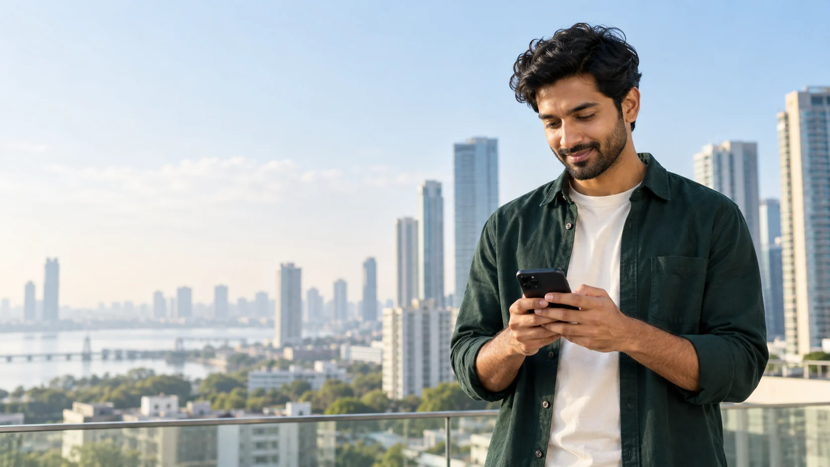 Man using a smartphone on a city terrace